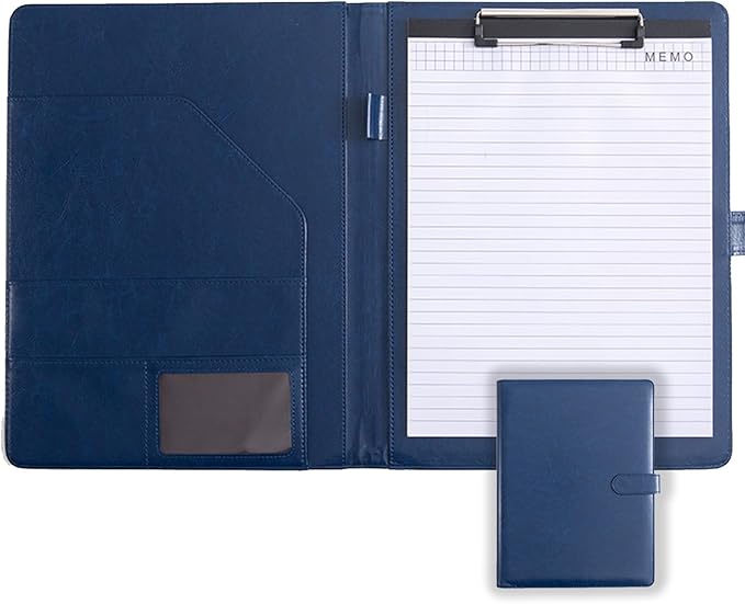 Faux Leather Portfolio with Clipboard – A4/Letter Size Legal Pad Holder, Resume Organizer and Writing Folder, Professional Business Conference Office Padfolio(Blue)