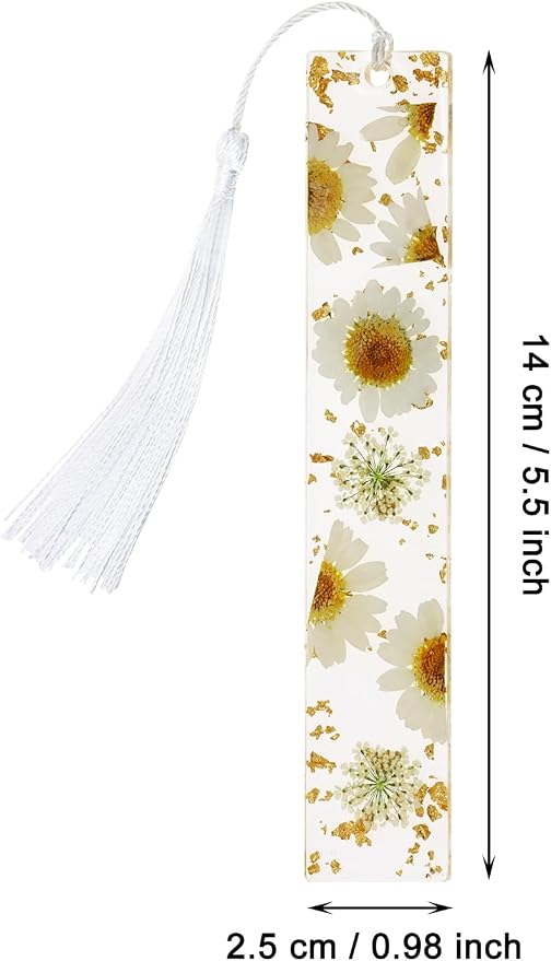 Penta Angel Dried Flower Resin Bookmarks Handmade Clear Pressed Floral Page Markers with Silky Tassel Reading Gift for Women Adults Graduation Valentine’s Day Christmas (White & Yellow)