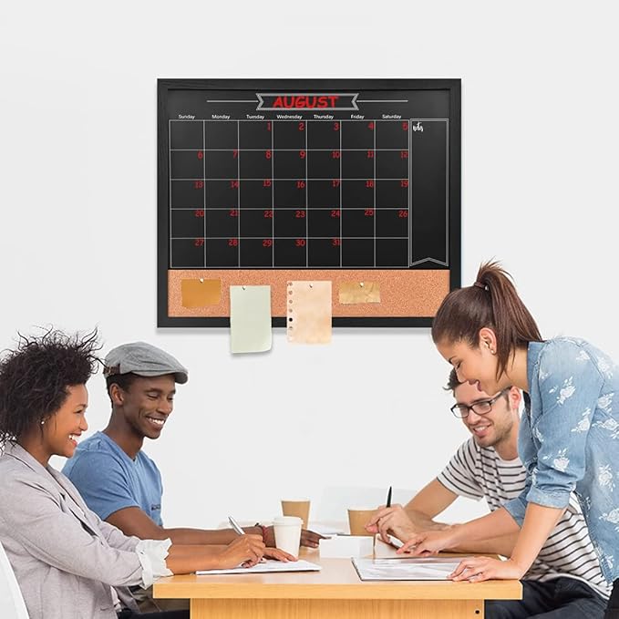 TORASO Chalkboard Calendar & Corkboard, Magnetic Surface 24" x 32" Combination Chalk Board & Bulletin Board, Black Framed Blackboard/Calendar/Cork Combo Board(ZHHB-BK-6080)