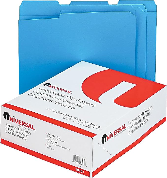 Universal 16161 Colored File Folders, 1/3 Cut Assorted, Two-Ply Top Tab, Letter, Blue, 100/Box