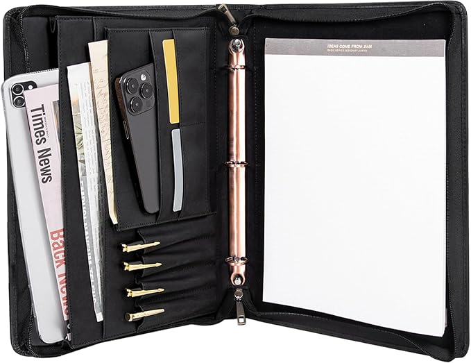 AZXCG Genuine Leather Portfolio Binder for Men& Women,Padfolio Organizer with Zipper,Padfolio Folder for iPad Pro 12.9/ Letter Size Notepad,Business Executive Gift for Men,Gift for Valentine's Day