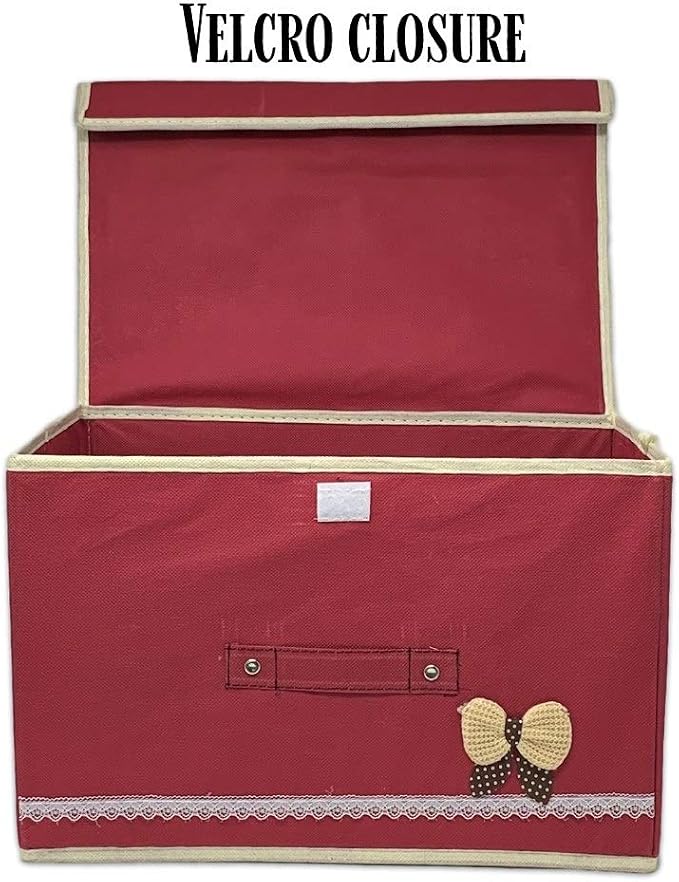 Storage Boxes Set of 3, Foldable Red Utility Bins with Lids and Handles, Collapsible Fabric Storage Baskets for Shelves, Closets, Toys, Crafts, Office Supplies, Dorms, Bedrooms, 14.25"W x 9.25"H