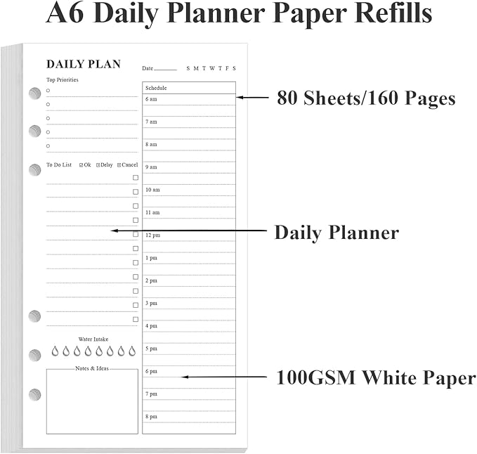 A6 Undated Daily Planner Refill - To Do List for Filofax Personal Binders, 80 Sheets/160 Pages Planner and Lined Refill, 6-Hole Punched, 3.75" x 6.75"