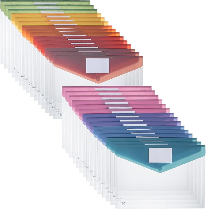 Mr. Pen- Clear Plastic Envelopes File Folders, 30 Pack, A4, Letter Size, Colorful Flaps, Bulk Clear Folders for Documents Plastic Poly Envelopes with Label for School, Home, Work, Office, Organizer