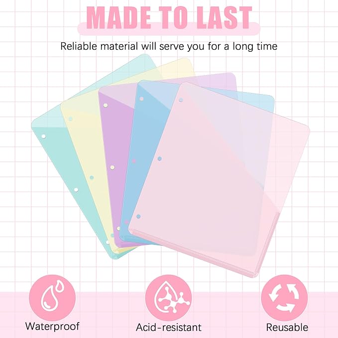 Maitys 50 Pack Binder Pockets 3 Hole Punch Clear Plastic Document Folders Binder Organizer Store Letter Size 8.5x11 Inch Paper Folders with Pockets Slash File Jacket for Office (Macaron Color)
