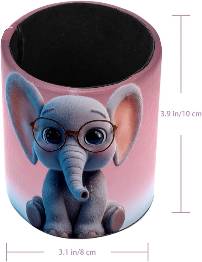 Leather Pen Holder for Desk, Cartoon Elephant Makeup Brushes Holder Pencil Cup Multifunctional Desktop Organizer Caddy for Home School Office Desk Accessories