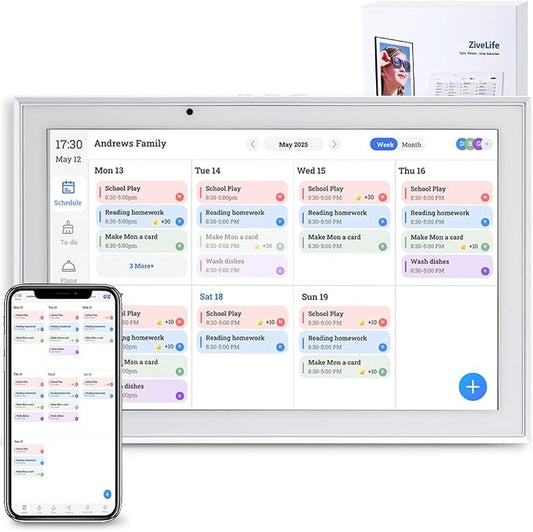 Digital Calendar 10.1 Inch Smart Electronic Planner, IPS Touch Screen, 32GB, Electronic Slideshow, Wall-mounted with Third-Party Calendar Sync, Chore Tracker, Meal Plan & Photo Display, Gifs for Mom