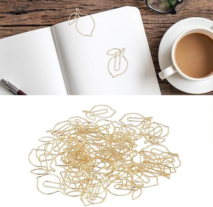 100Pcs Gold Lemon Shape Paper Clips - Iron Bookmark Clips for Office Home Use, Cute Design with Transparent Storage Box
