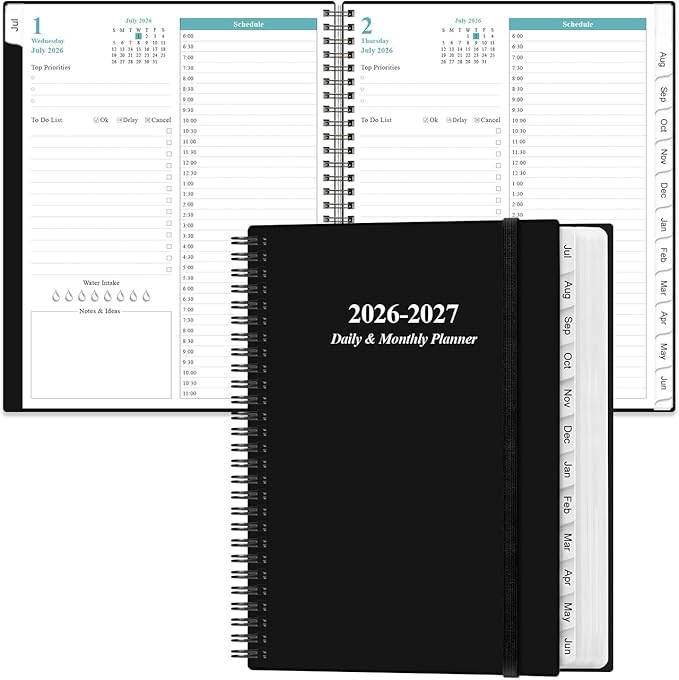 2026-2027 Daily & Monthly Planner - One Page Per Day, Daily Planner from July 2026 - June 2027, Planner 2026-2027 with 12 Monthly Tabs, 8.5" x 11", Black