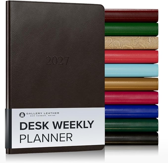 Gallery Leather Desk Weekly Monthly Planner 2027, Elegantly Bound Calendar Planner and Notebook with Stylish Gold-Gilded Page Edges, 12 Months - Monhegan Cocoa - 8x5.5"