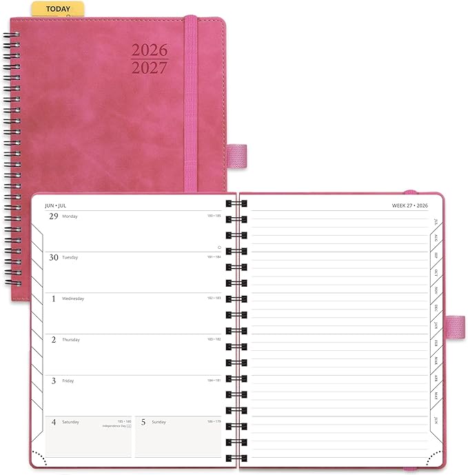 POPRUN Weekly Planner 2026-2027, 6.5" x 8.5", (July 26-June 27) Academic Weekly and Monthly Planner, Calendar Notebook 2026-2027 Agenda for School, College, Spiral Leather Softcover - Magenta