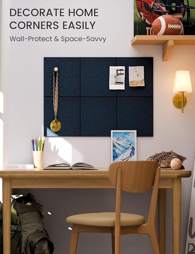 Fluxynara Felt Bulletin Board Tiles -28"x18" Cork Board Alternative for Office Decor, Push Pin Board Wall Organizer 6-Pack - Carbon Blue