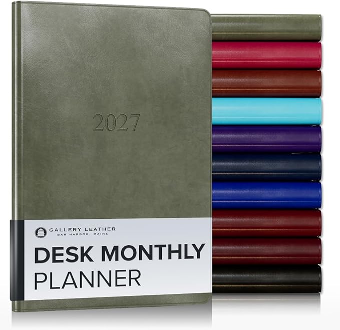 Gallery Leather Desk Monthly Planner 2027, Elegantly Bound Calendar Planner and Notebook with Stylish Gold-Gilded Page Edges, 18 Months - Acadia Cactus - 8x5.5"