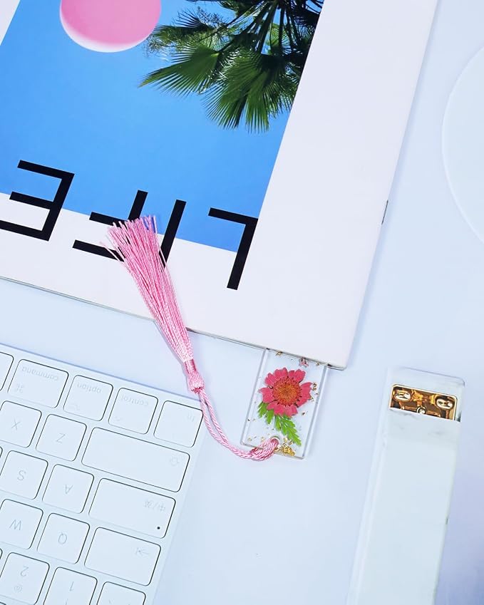 Penta Angel Dried Flower Resin Bookmarks Handmade Clear Pressed Floral Page Markers with Silky Tassel Reading Gift for Women Adults Graduation Valentine’s Day Christmas (Pink & Green)