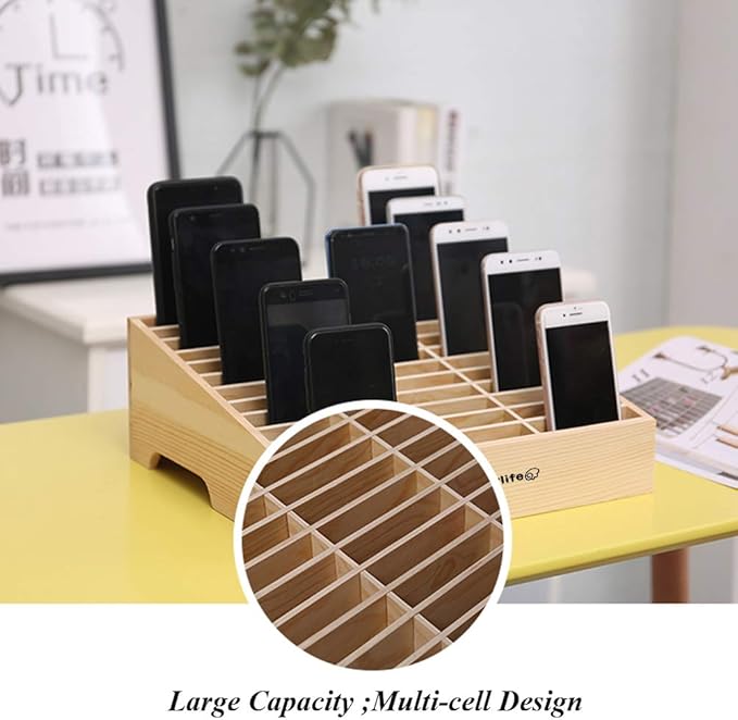 Wood Cell Phones Storage Box Calculator Management Mobile Phone Holder Classroom Office, Meeting Room Desktop Organizer (Maple, 24 Cells)