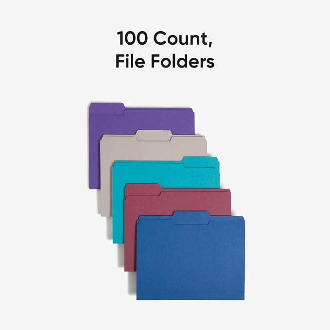 Smead Standard File Folders, 100 Count, Assorted Jewel Tone Colors, 1/3-Cut Tabs, Letter Size (11948) (Pack of 5)