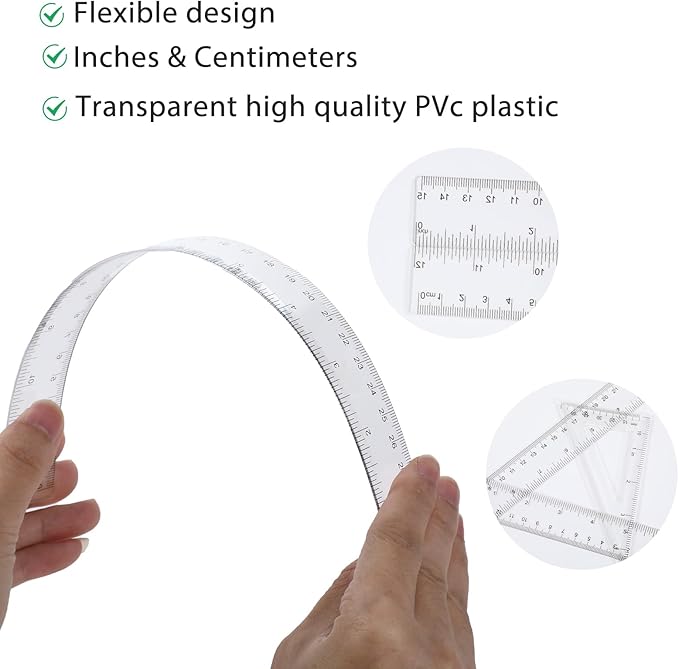 6 pcs Clear Ruler Protractor Rule Set, Includes 12 Inch 6 Inch Straight Ruler for Drawing, Triangle Rulers and Protractor Set, Math Geometry Tool, for School Office Home Supplies Measuring Tool