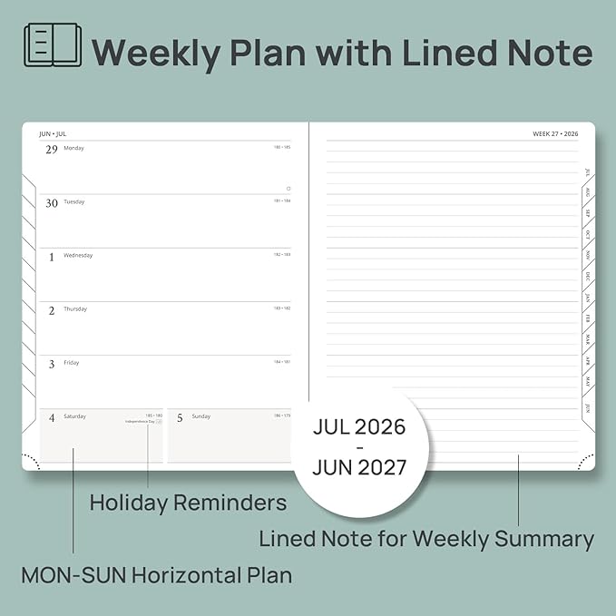 POPRUN Weekly Planner 2026-2027 (Large 8.5''x 10.5'') Academic Calendar (JUL.26 - JUN.27) Appointment Book with Monthly Tabs, Leather Soft Cover, Inner Pocket, 100 GSM - Green