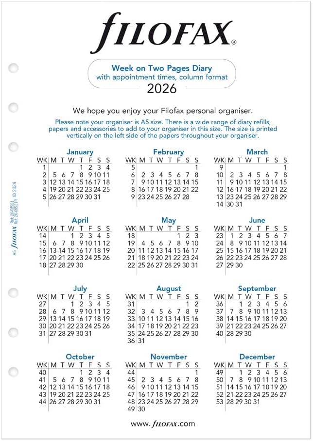 Filofax Calendar Diary Refill, A5 Size, Week-to-View with Appointments, White Paper, English, 2026 (C68521R-26)