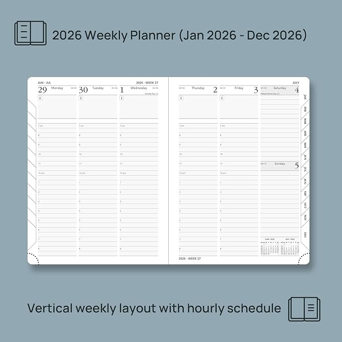 POPRUN 2026 Planner (Medium Size 8.5''x 6.5'' Hardcover) - Daily Weekly and Monthly Calendar Agenda 2026 Appointment Book with Hourly Time Slots, Monthly Tabs, 100 GSM - Haze Blue