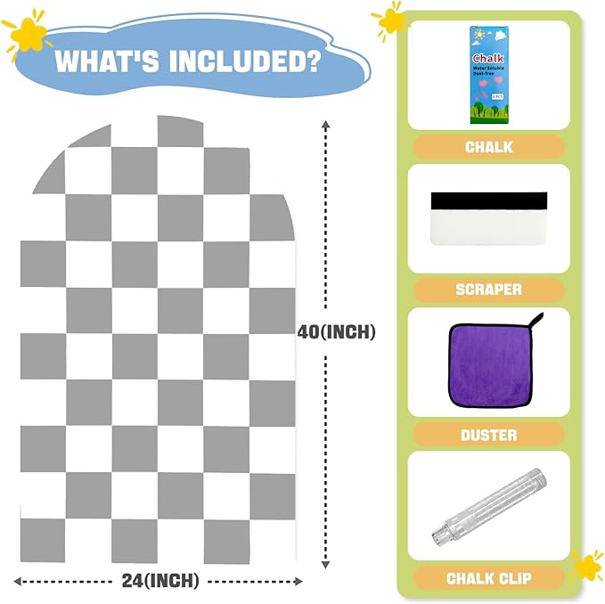 Magnetic Chalkboard Wall Decal 24''x40'' Arch - Removable Reusable Peel and Stick (No Wall Damage) Extra Strong Magnetism - Easy Clean Chalkboard for Home Office Playroom (Grey White Checker)
