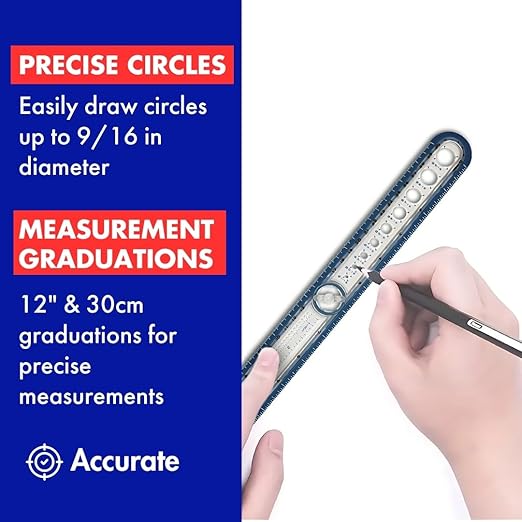 Maped - Helix 2-in-1 Ruler with Integrated Circle Templates 12 Inch/30cm - Draw Circles up to 12" Diameter, 12" & 30cm Graduations, Kid-Friendly Design