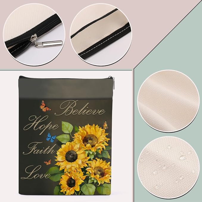 Sunflower Inspirational Book Sleeve, Book Lovers Gifts Sleeve with Zipper & Front Pocket, 11.4x8.8 Inch Canvas Books Cover Protector Bookish Inspirational Gifts for Readers Librarian Women Teacher
