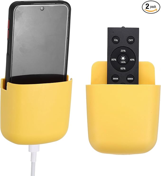 PATIKIL 2Pcs Remote Control Holder Wall Mount, Self-Adhesive TV Air Conditioner Control Holder Phone Charging Organizer Slot for Home Office Bedroom Supply Pen Organizer, Yellow