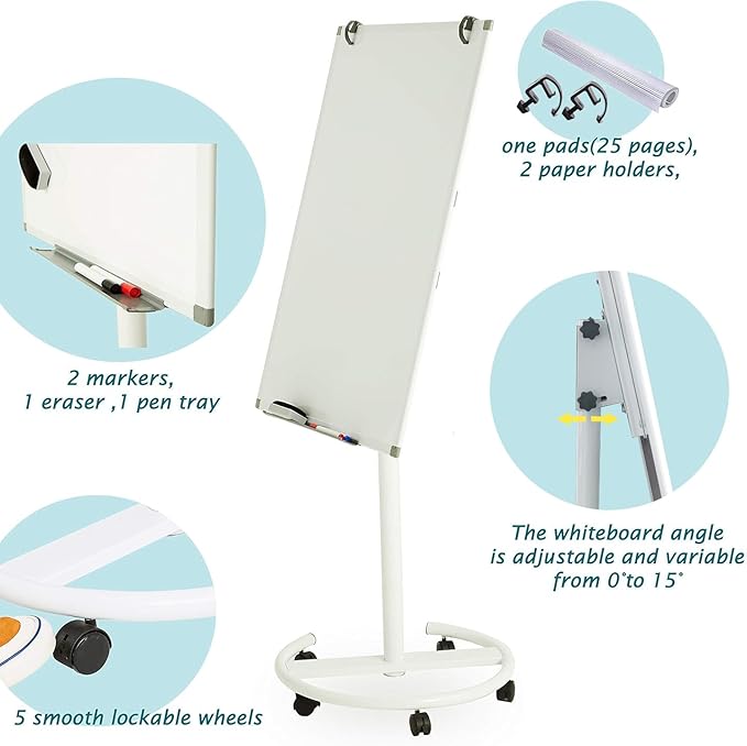A AIRLLEN Mobile Whiteboard Flipchart Easel Mobile Dry Erase Board Portable Magnetic Whiteboard with Paper Pad on Wheels for Home Office (24X36 inches)