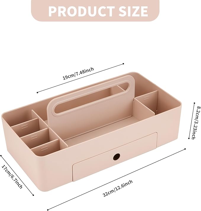 Multipurpose Caddy Organizer with Handle -8 Compartments and 1 small drawer - Art Craft Supplies, Office, Desk, Stationery Pen Holder, Makeup, Bathroom, Shower, Cleaning, Dorm Organizer - Pink