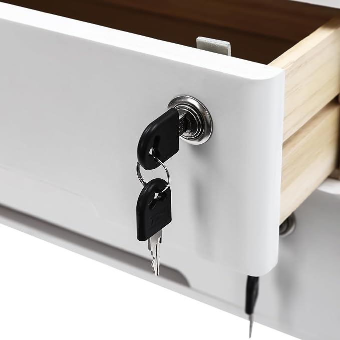 Wooden Desktop Storage Box, 2-Tier Countertop Desk Accessories Box with Lockable Drawers, Office Supplies File Organizer, Flat File Cabinet for Office, Study, Dresser, Kitchen (White)