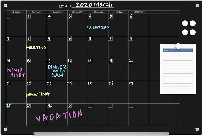 Audio-Visual Direct Magnetic Black Calendar Glass Dry-Erase Board Set - 4' x 3' - for Wall - Monthly Planner