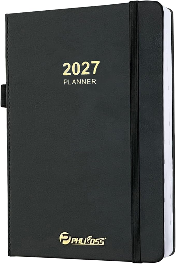 2027 Daily Planner/Calendar, One Page Per Day, Daily Monthly Agenda Planner with Time Slots and Monthly Tabs, Jan - Dec 2027, 5.7" x 8.25" Appointment Book, Pen Holder, Leather Cover (Black)