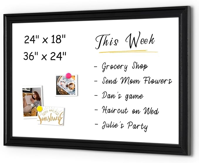 4 THOUGHT Magnetic Whiteboard 36" x 24" Dry Erase Board Wood Frame Wall-Mounted Decorative White Board Monthly Planner Notice Board for Office School Home with 8 Magnets 4 Markers 1 Eraser, Black