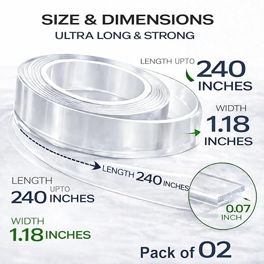 Heavy Duty Double Sided Tape 2 Rolls – 240" x 1.18" Clear Removable Nano Mounting Tape for Poster, Carpet, Rug, Picture Hanging & DIY – Strong Adhesive Multipurpose Two Stick Sided Tape 20 Feet