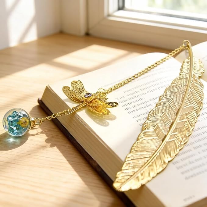 Metal Bookmark with Dragonfly Charms, Feather Book Marks with Pendants, Mothers Day Teacher Appreciation Gifts for Women Grils Mom Readers Book Lovers