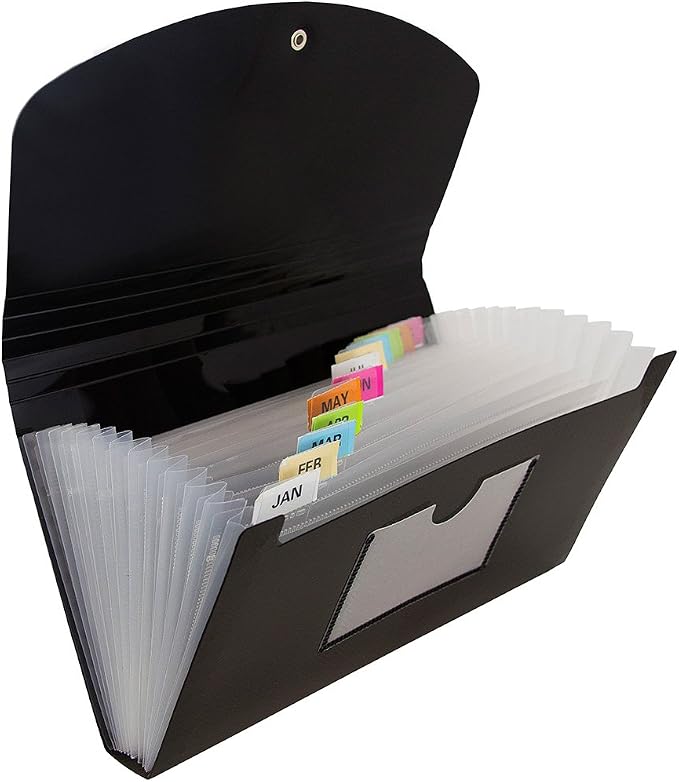 JAM PAPER Accordion Folders - 13 Pocket Plastic Expanding File - Check Size - 5 x 10 1/2 - Black - 2/Pack