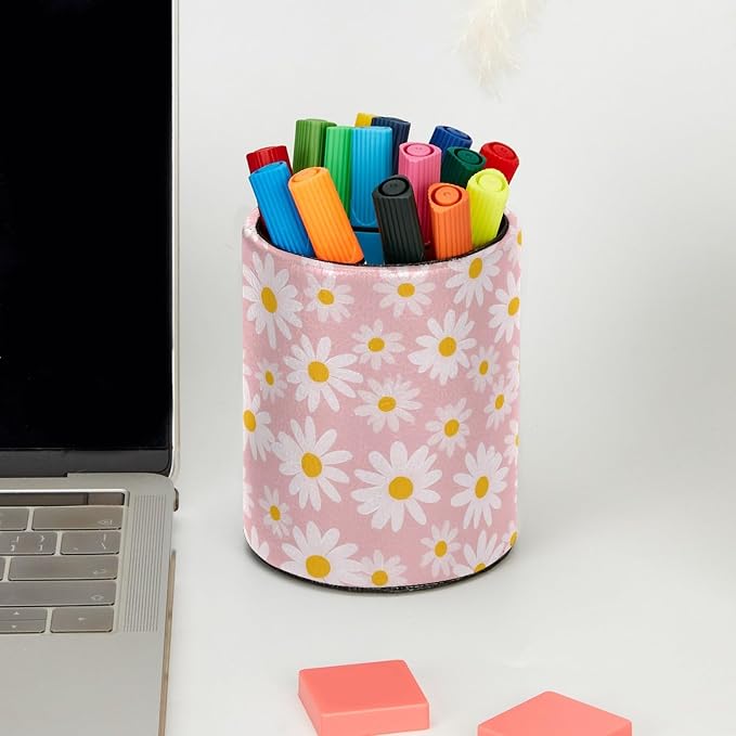 Cute Pink and Daisy Wildflowers Leather Pen Holder for Desk, Multifunctional Desktop Organizer Pencil Cup, Desktop Caddy Stationery Organizer for School Home Office Desk Accessories