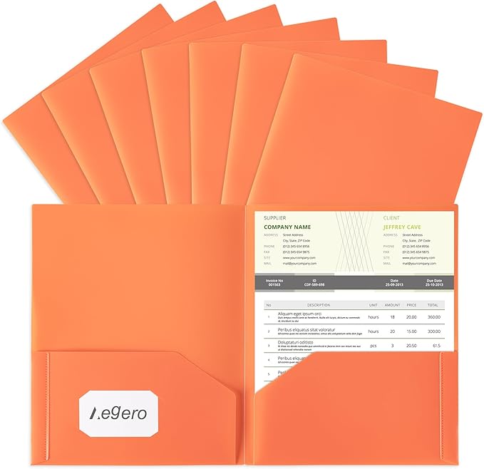 Aegero Plastic Folders with Pockets (7 Pack, Orange), Durable Heavy Duty File Folders with Business Card Slot, 2-Pocket Folder for Schoolwork & Office,Letter Size