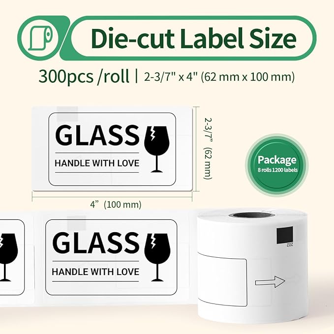 DK-1202 Labels Compatible Brother Die-Cut Shipping Label 62mm x 100mm(2-3/7 x 4 Inches) with One Refillable Cartridge for Brother QL 700 720NW 570 500 Printer and More (300 Labels Per Roll, 8 Rolls)
