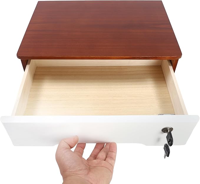 Lockable Desk Organizer Wooden Desktop Drawers Office Flat Files Storage Box Locking Countertop Storage Cabinet (Walnut + White, 2-Tier)