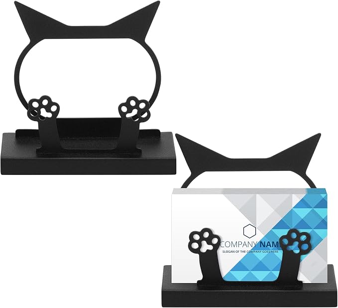 MorningRo 2 Pcs Cute Business Card Holder Cat Paw Print Metal Black Card Holder Cat Desk Accessories Organizer Display Stand for Women Office Supplies Coffee Shop Ideal Gift