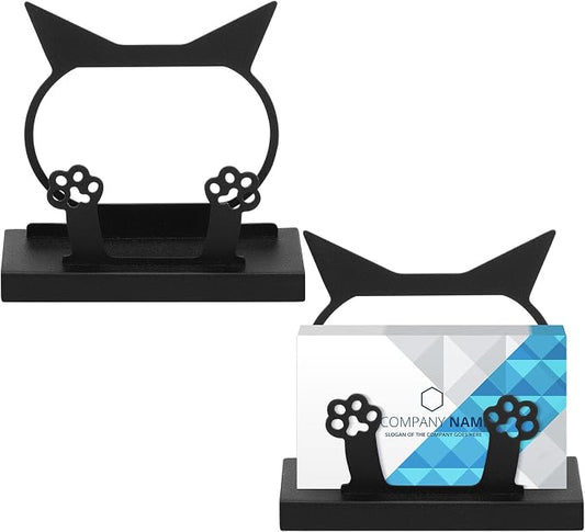 MorningRo 2 Pcs Cute Business Card Holder Cat Paw Print Metal Black Card Holder Cat Desk Accessories Organizer Display Stand for Women Office Supplies Coffee Shop Ideal Gift
