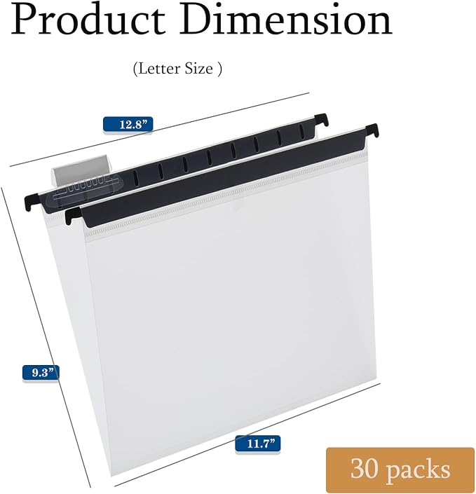30 Piece Transparent Hanging Folder, Letter Size, with 1/5 Cut Adjustable Label, polyethylene Hanging File Folder 9.5x11 inch, Suitable for Office, Home, School