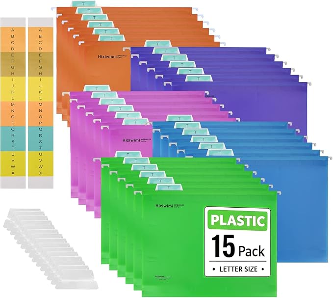 15 Pcs PP Hanging File Folders Letter Size,Hanging Folders with Tabs,File Folders for Filing Cabinet Hanging Files for Bulky Files,Medical Charts,Office AMD School Desktop File Storage