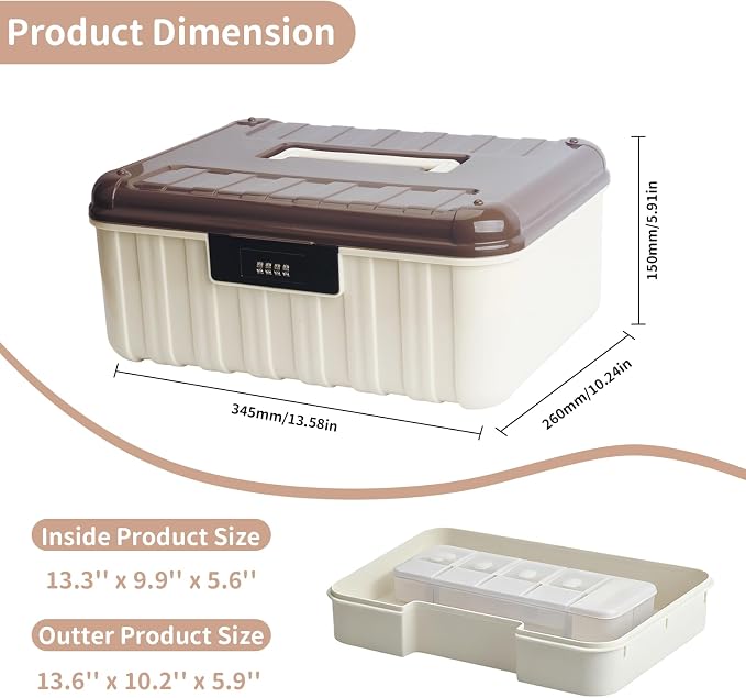 Secure 4.2 Gallon Lockable Storage Box with Combination Code | Medication Lock Box for Home & Office | Personal Item Organizer (White & Coffee)