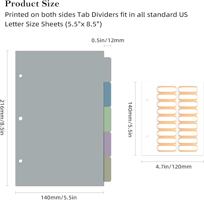 2 Pack 5.5“x8.5” Half Letter Binder Divider with 5 Tabs, Suitable for Half Letter Binder