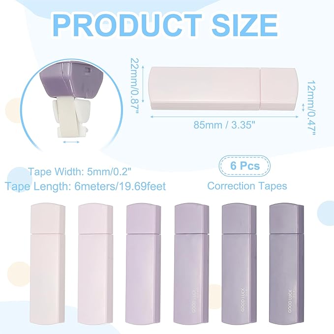 PATIKIL 6pcs 20 ft Correction Tape, Correction Tape Cute Mini Tear Resistant White Refillable Out Applicator Pen with Refills for Classroom Office Supplies Home Writing, Purple