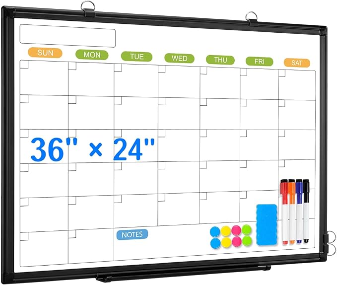 Dry Erase Calendar Whiteboard for Wall, 36" x 24" Double-Sided Magnetic Monthly WhiteBoard Calendar Dry Erase, Wall Hanging Aluminum Frame with Tray for Home, School, Office