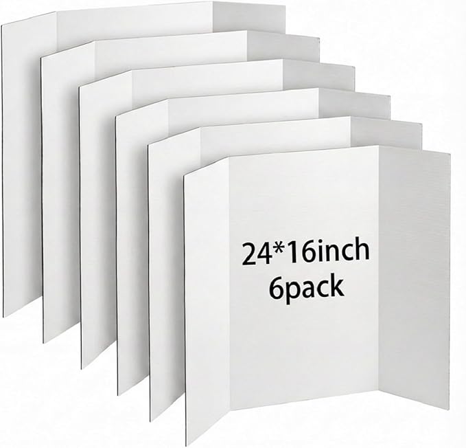 Trifold Poster Board, 24" x 16", 6-Pack, White Corrugated Project Boards for Science Fairs, School Projects, Event Displays, Business Presentations, Easy to Fold & Reusable